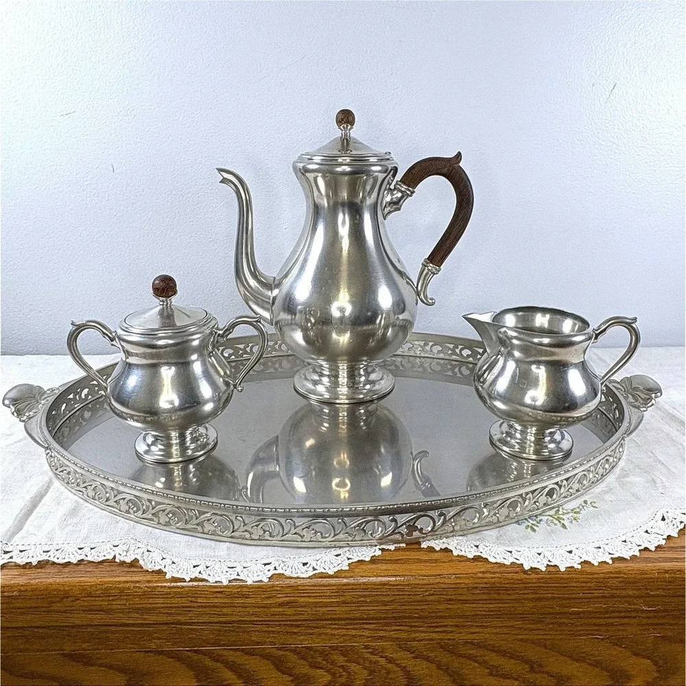 Vintage Royal Holland Pewter Coffee Set with Wood Accents and Gallery Tray
